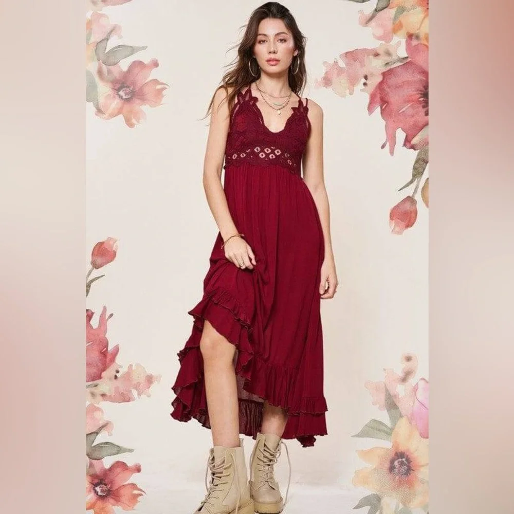 Elegant Burgundy Lace Maxi Dress - Picture 5 of 6